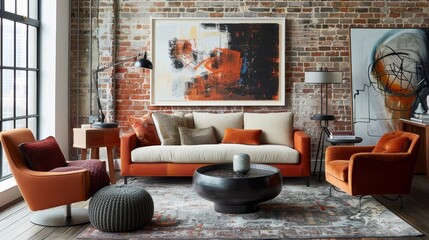 Urban-chic living room setup, ideal for a young person, featuring industrial elements, mixed textures, and a color scheme that captures the essence of city life and personal flair