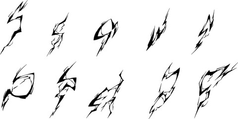 Black lightning silhouettes, thunderbolts. Earth ground, rock or floor cracks, vector cartoon illustration. Electric strikes, lightnings isolated on white background