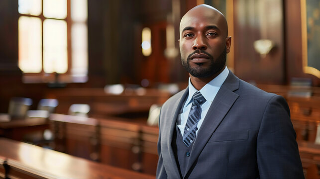 Black Male Lawyer Standing In A Courtroom
