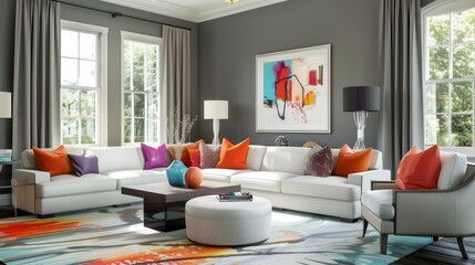 Obraz premium Vibrant and modern living room for a young professional, designed in gray with contemporary touches and pops of color in decor and furnishings