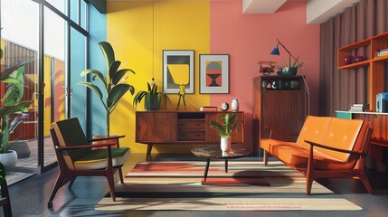 Vibrant and stylish mid-century modern room designed for young individuals, with iconic chairs, bold color blocks, and minimalist design elements
