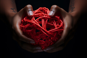 Gentle hands holding a tangled red heart-shaped ball against a dark background