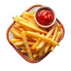 A red basket on French fries isolated on transparent background.