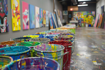Rows of buckets of paint lined up in a beautiful art gallery