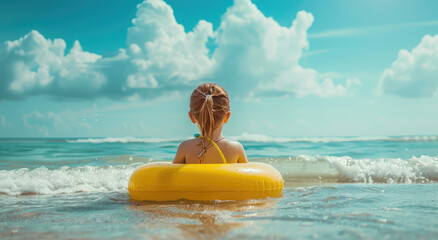 Cute little girl in a swimming ring on the beach, sitting and relaxing in the sea with a yellow floaty looking back to the camera