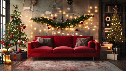 Interior of stylish living room with red sofa Christma