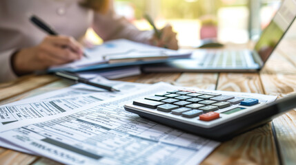 Close-Up of Tax Form and Calculator with Stressed Business Owner in Background, Highlighting Financial Stress