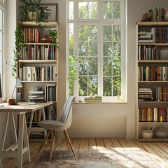 Fototapeta premium Bright and airy home study area with a large window showcasing a neat desk and bookshelves