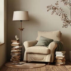 Cozy reading nook with a soft armchair stack of books