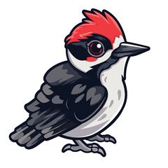 Flat Logo Of Cute Downy Woodpecker Cartoon Vector Icon Illustration, Bird Nature Icon Concept Isolated Premium Vector