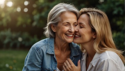 Fototapeta premium Two women are hugging each other in a park. They are both smiling and seem to be enjoying each other's company