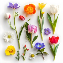 bouquet of tulips flowers, bunch of yellow, white and purple  flowers on white background,  Colorful Spring Flowers