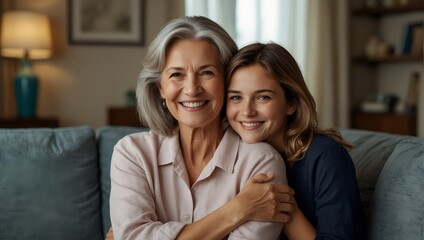 A mother and a daughter are sitting on a couch, smiling at the camera. The woman is wearing a pink shirt and the girl is wearing a blue shirt. Scene is warm and friendly