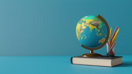globe with stationery and book isolated on blue background