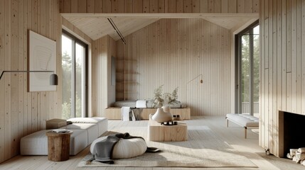 Young person's Scandinavian retreat, blending modern minimalism with traditional wood accents and a flood of natural light for a serene environment