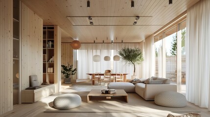 Young person's Scandinavian retreat, blending modern minimalism with traditional wood accents and a flood of natural light for a serene environment