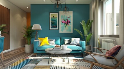 Youthful living room design in vibrant teal, perfect for a young person, featuring a modern living room setup that promotes tranquility and creativity