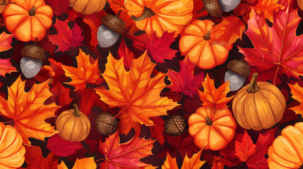 Seamless pattern background with autumn leaves, pumpkins and acorns, in vibrant hues of red, orange, and yellow.