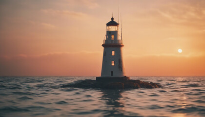 lighthouse in the middle of the sea, sunset colors and little wavy sea

