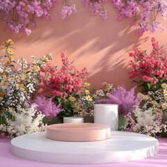 flowers in a garden, Pink blank podium with flowers on pink background product presentation