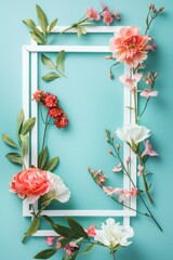 White Picture Frame Surrounded by Colorful Spring Flowers on a Turquoise Background