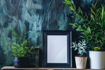 Elegant Plants and Empty Picture Frame On Rustic Wooden Table Against Textured Blue Wall
