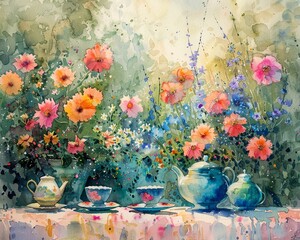 A watercolor painting of a garden tea party, with colorful flowers and delicate china against a soft, natural background