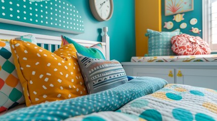 Turquoise-themed kids' room close-up, featuring vibrant decor, themed bedding, and a creative reading nook, alongside interactive wall decals