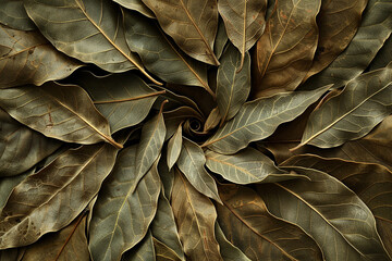 A macro shot capturing the intricate texture of dried bay leaves arranged in a circular formation.