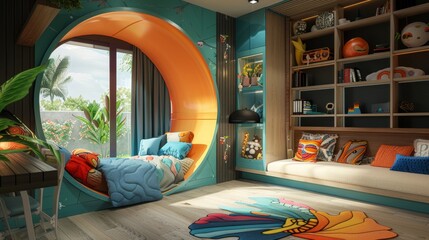 Turquoise-themed kids' room close-up, featuring vibrant decor, themed bedding, and a creative reading nook, alongside interactive wall decals