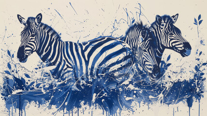 Three zebras are running through a field of blue and white paint
