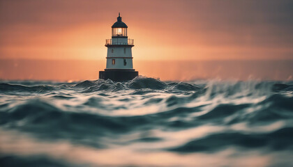 lighthouse in the middle of the sea, sunset colors and little wavy sea
