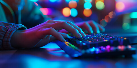 A dynamic composition capturing a gamer's hands rapidly typing on a backlit mechanical keyboard, with lighting effects casting colorful glows onto the desk surface, evoking the intensity of competitiv - obrazy, fototapety, plakaty
