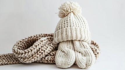 Knitted mittens scarf and hat on white background