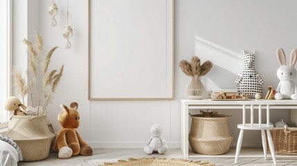 Warm and inviting kids room setup featuring a mock-up poster frame, white desk, and a charming animal wicker basket, plush toys included