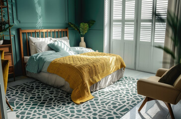 A modern bedroom with light blue walls, white wooden floors and a green geometric patterned carpet on the floor. The room has an elegant bed with soft pillows in yellow and grey colors