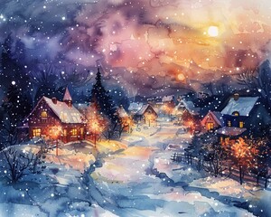 A watercolor painting of a snowy village at night, with colorful lights and winter elements creating a cozy background