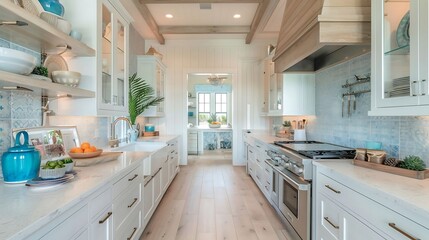 Fototapeta premium Bright, airy kitchen with white cabinets and wooden floors in a farmhouse style.
