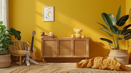 Warm and welcoming child room setup with a yellow wall, brown bedding, plush toys, and a guitar, centered around a rattan sideboard, mock-up frame included