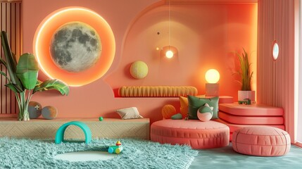 Warm coral children's room interior with playful furniture setups, educational toys, and creative lighting, designed for comfort and style