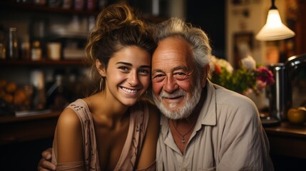 grandfather and daughter smiled happily, grandfather and daughter embraced warmly full of love and affection