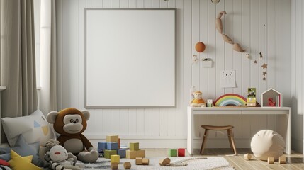 Warm kids' room setting for a boy, showcasing a white desk and mock poster frame, decorated with a plush monkey and rainbow accents, wooden blocks scattered
