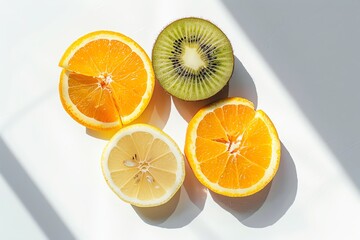 Highresolution image of a sliced juicy orange, kiwi, and lemon artistically placed on a pure white surface, ideal for clean and minimalistic designs