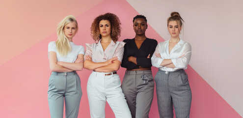 Four diverse women standing together, each wearing casual attire in different colors and styles, symbolizing diversity and friendship.
