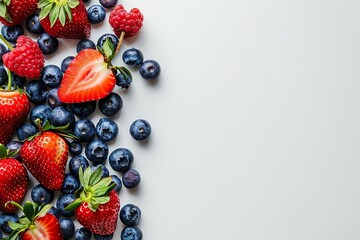 A vibrant display of assorted berries, including strawberries and blueberries, neatly organized on a white background with ample space for advertising