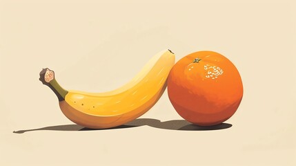 Illustrate a side view of a banana and orange in a minimalist digital art approach Utilize clean lines and bold colors to convey freshness and simplicity Enhance the image with sub - obrazy, fototapety, plakaty