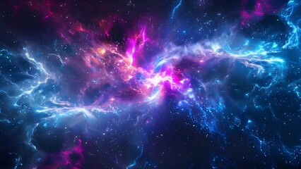 Blue and purple neon abstract background depicting a galaxy explosion in space. Concept Neon Colors, Abstract Background, Galaxy Explosion, Space, Blue and Purple
