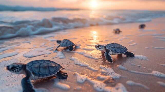 Baby sea turtles journey to the ocean at sunset, symbolizing new beginnings and survival, AI Generative.
