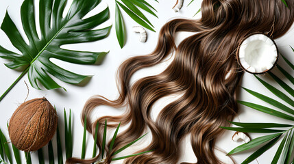 Long hair coconut and tropical leaves on white background