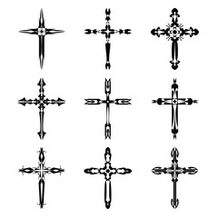 Christian cross vector icon symbols.  Abstract christian religious belief or faith art illustration for orthodox or catholic design. The symbol of the cross in various designs used in tattoo.